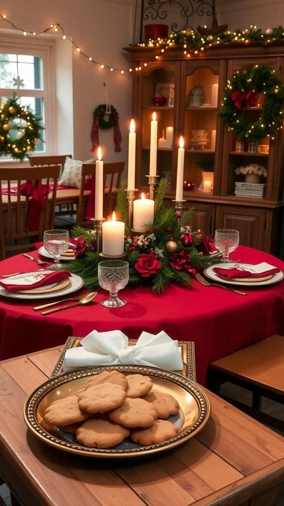 A festive Christmas table setting with red tablecloth, elegant dinnerware, candles, and evergreen decorations.